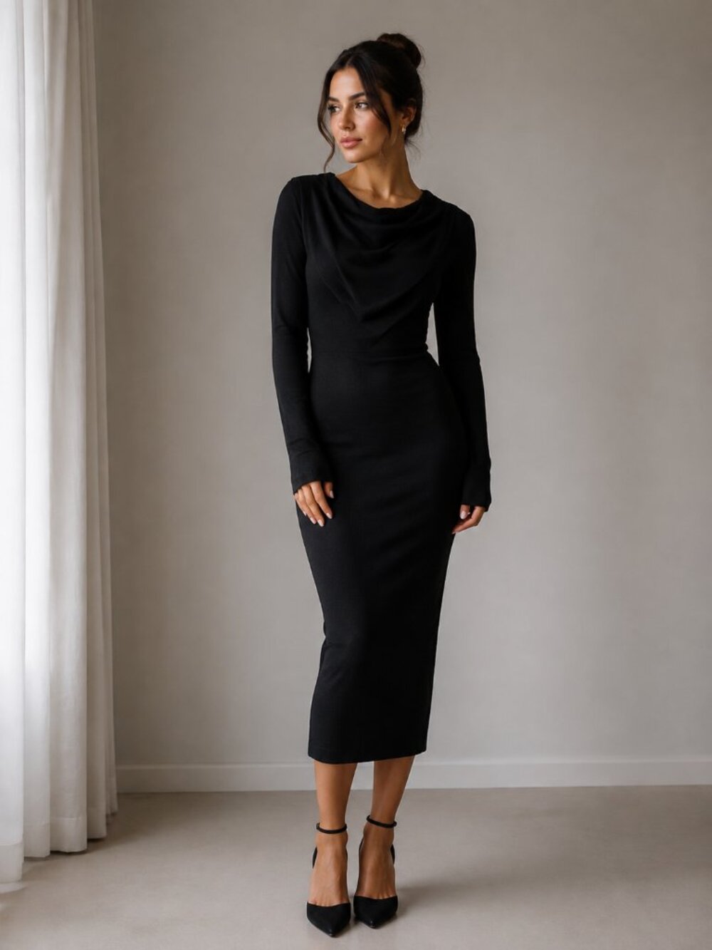 cos black knit dress Long Sleeve Bandage Midi Sweater Large dark green evening dresses